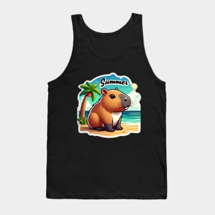 Cute summer capybara on the beach Tank Top